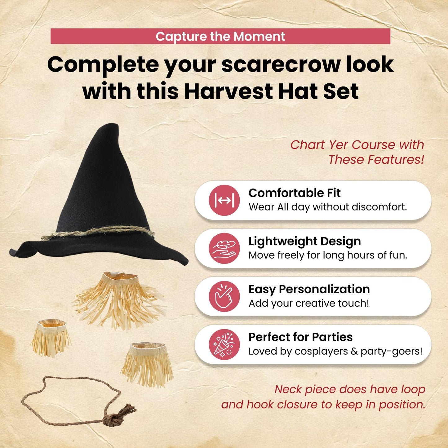 Nicky Bigs Novelties Adult Deluxe Felt Scarecrow Hat Rope Belt Straw Kit 11 Piece Accessory Set Oktoberfest Witch Hillbilly Costume, Black, One Size