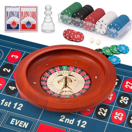 Roulette Wheel Set: 11” Roulette Wheel 47.2 * 23.6” Roulette Table Layout Felt Mat 100pcs ABS Poker Chips Roulette Win Marker 2 Decks of Playing Cards Casino Game Sets