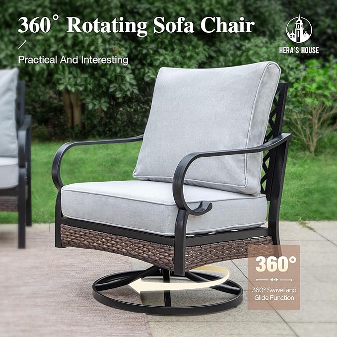 HERA'S HOUSE 4 Piece Metal Patio Furniture Set, All Weather Outdoor Conversation Set with 3 Seat Sofa, 2 Swivel Chairs & Coffee Table, Seats 5 for Backyard, Garden, Deck, Light Grey
