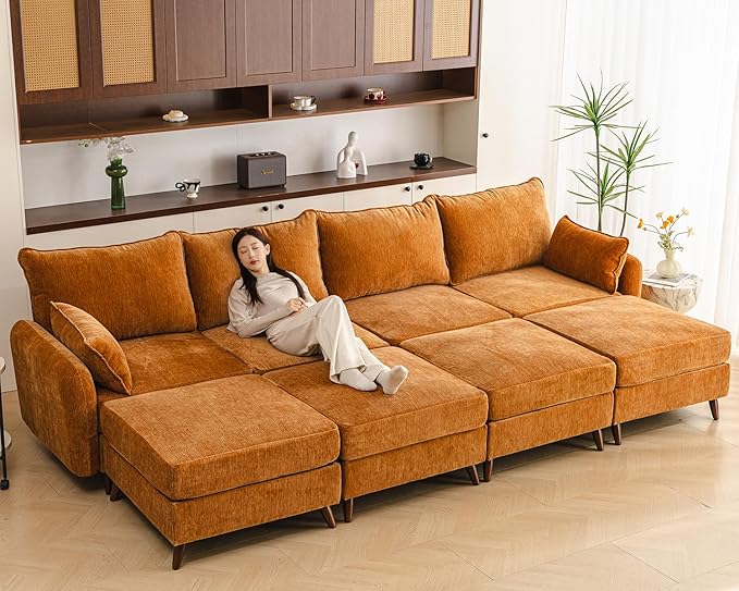 Rexulqo 135'' Modular Sectional Sofa with Seats Storage, Oversized Sleeper Sofa Bed,4-Seater Comfy Cloud Couches with Movable Ottoman,24.5'' Deep Seat,Big Sofas for Living Room,Bedroom,Velet,Yellow