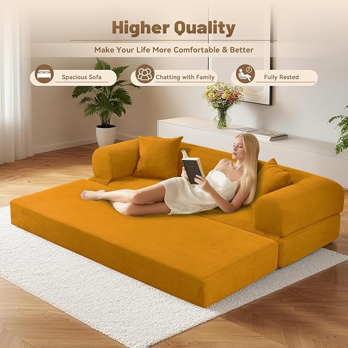 GJQ 80" Convertible Sofa Bed,Corduroy Folding Sleeper Sofa Bed Queen with Pillows & Storage,Modular Pull Out Couches Boneless Couch for Living Room,Compressed Couch in a Box,Yellow