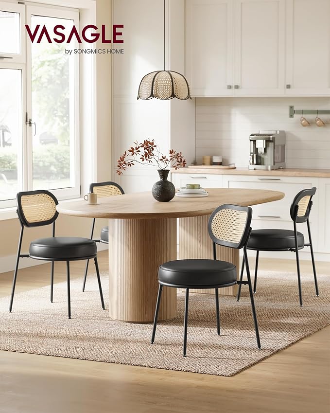 VASAGLE Dining Chairs, Set of 4 Accent Chair for Dining Room Kitchen, with Boho PE Rattan Back, Synthetic Leather Upholstery, Ink Black ULDC160B24
