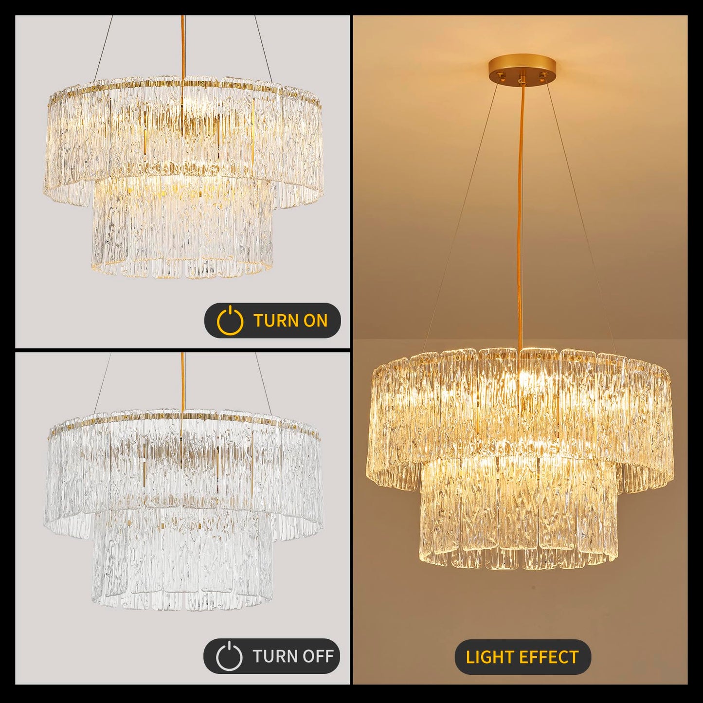 Tunkayli 20" Crystal Chandelier Modern Gold Glass Chandeliers 2-Tier Round Elegant Luxury Lighting 6-Light Drum Crystal Chandelier for Dining Room Kitchen Restaurant Foyer Bedroom Living Room