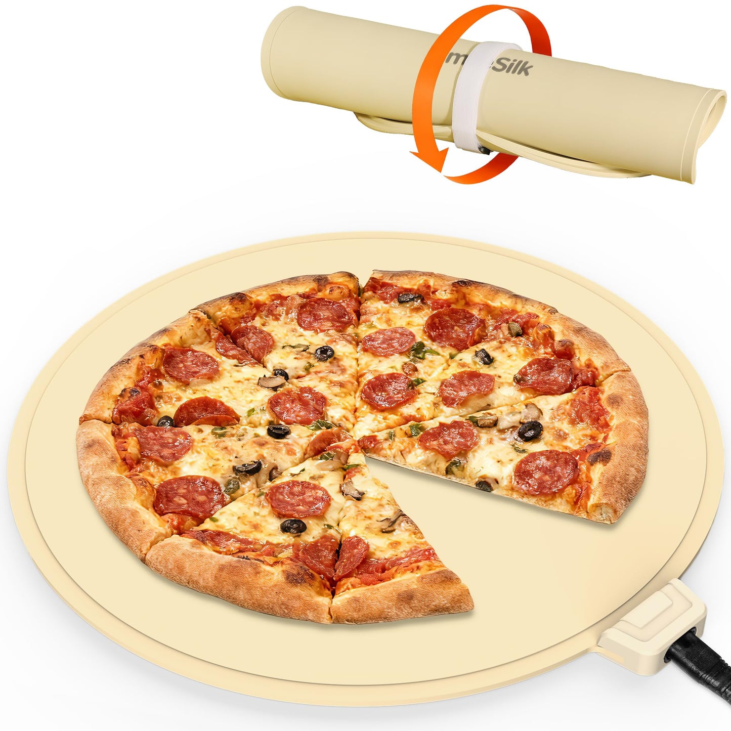 Smilesilk Portable Silicone Pizza Warming Mat - Roll Up Electric Food Heating Pad Tray, Fast Even Heating for Buffet Parties, Foldable Hot Plate Warmer for Home Kitchen Gifts (khaki)