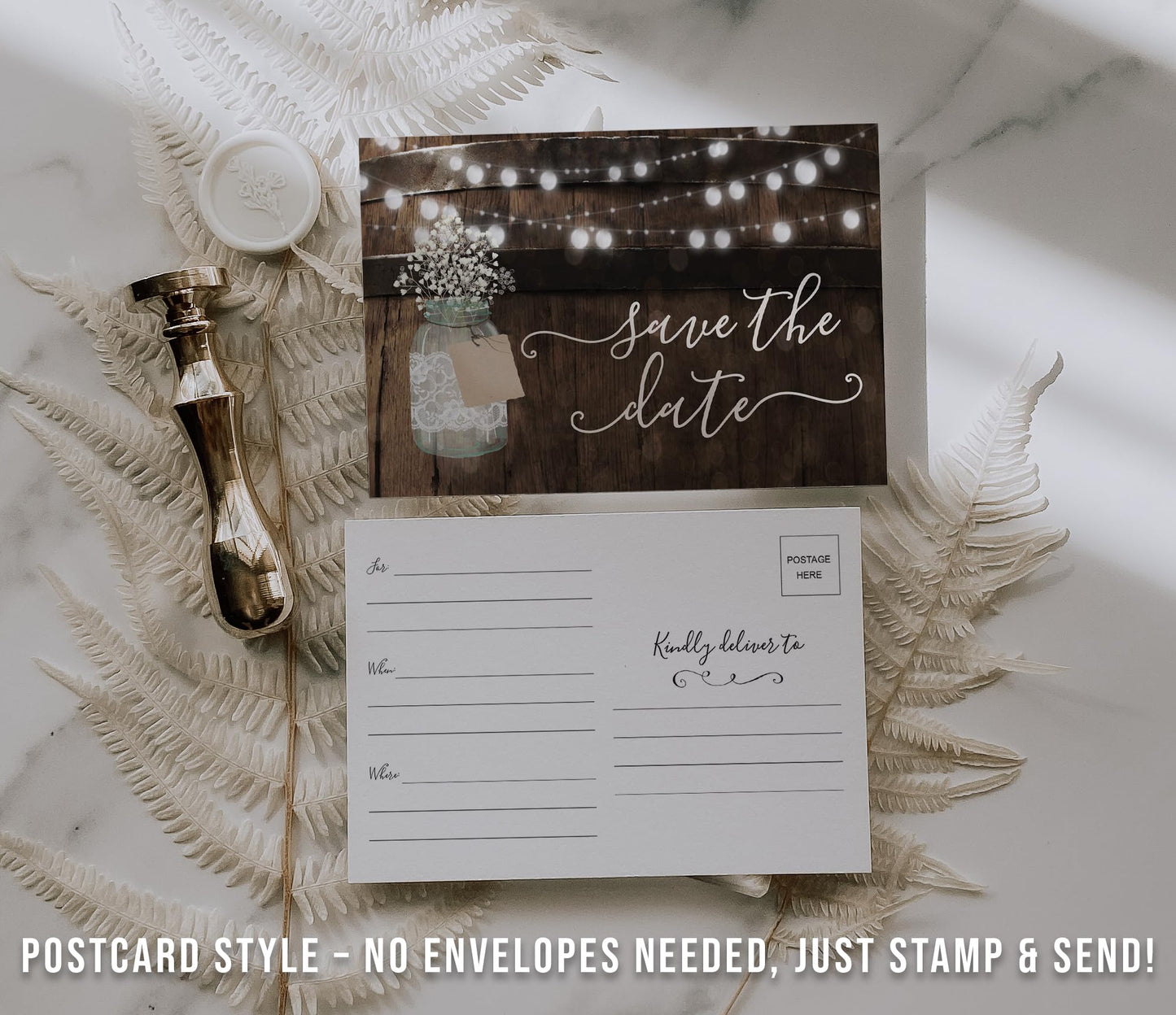 Your Main Event Prints 50 Rustic Mason Jar Save The Date Cards for Wedding, Engagement, Anniversary, Baby Shower, Birthday Party, Wood Save The Dates Postcard Invitations
