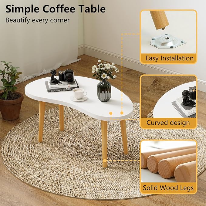 Funecy Mango Coffee Table Low Table with 4 Solid Wood Sturdy Legs, Floor Table Desk for Sitting on The Floor, Storage and Living Room Furniture (White)