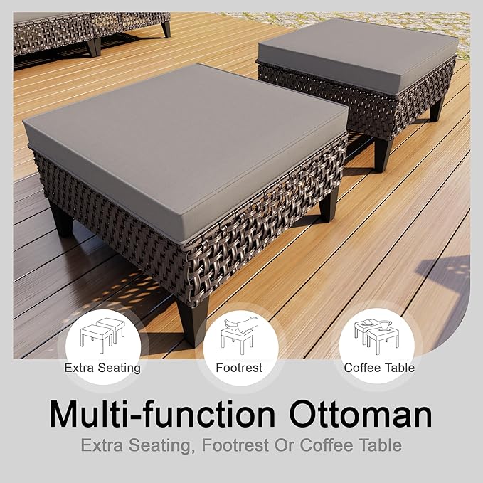 14 Pieces Patio Conversation Set, Wicker Rattan Sectional Modular Sofa Seating Set with Armchairs and Ottomans, Outdoor Furniture for Porch, Poolside, Deck, Balcony, Backyard, Yard (Gray Cushions)
