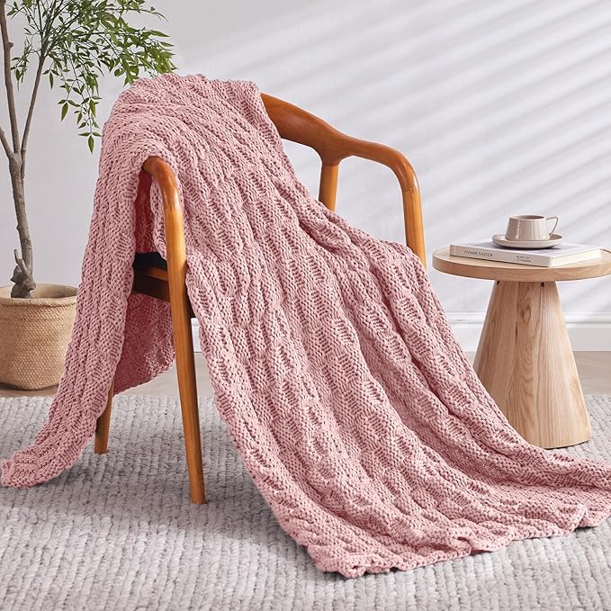 Knitted Weighted Blanket for Adult, No Beads Heavy Blanket 50” x 60'' 10lbs, Breathable Chunky Knit Blanket, Cooling Weighted Blanket for Hot Sleepers, Christmas Home Decor (HoneyPink)