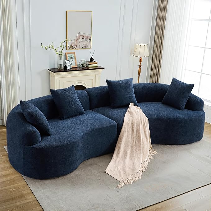 110" Oversized Modern Curved Cloud Sectional Sofa, Luxury Plush Chenille 4-Seater Deep Wide Seat Couch with 4 Pillows, No Assembly Needed Apartment Living Room Furniture, Blue