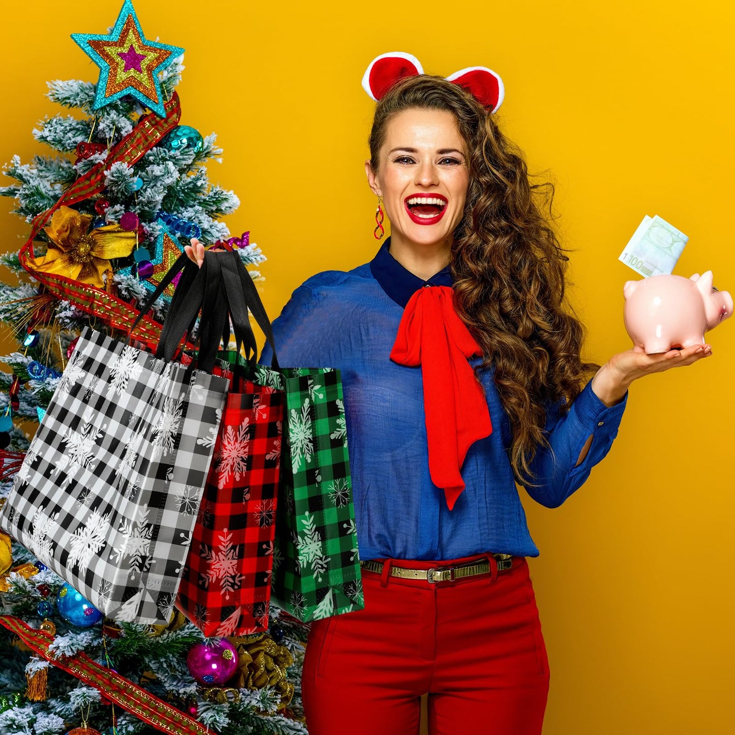 Abbylike 36 Pcs Reusable Christmas Large Gift Bags Bulk Xmas Holiday Plaid Tote Shopping Bags with Handles (Red White Green)