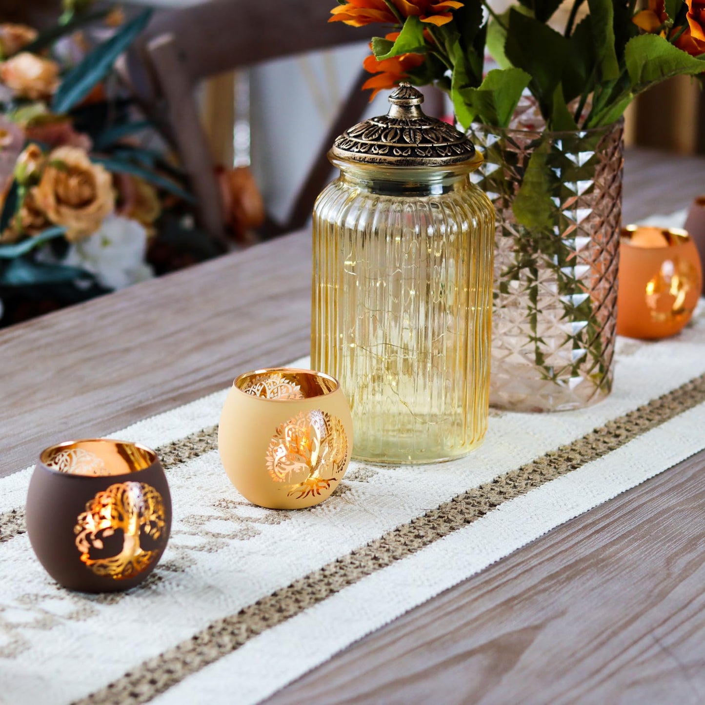 SHMILMH Fall Votive Candle Holders 6 PCS Tree of Life Glass Tea Light Candle Holders Wedding Centerpiece Decorations for Reception, Birthday Party, Bridal Shower Fall Table Decor