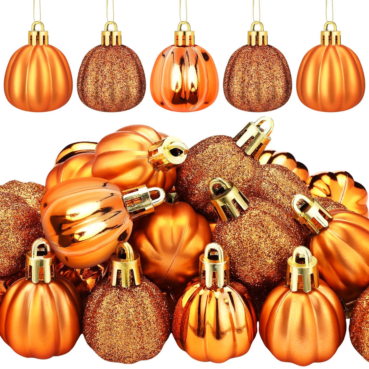 Colingmill 36 Pcs Fall Pumpkin Hanging Ornament Thanksgiving Tree Decorations Mini Pumpkin Ball Decorations Farmhouse Fall Ornaments for Small Tree for Autumn Thanksgiving Halloween Christmas(Gold)