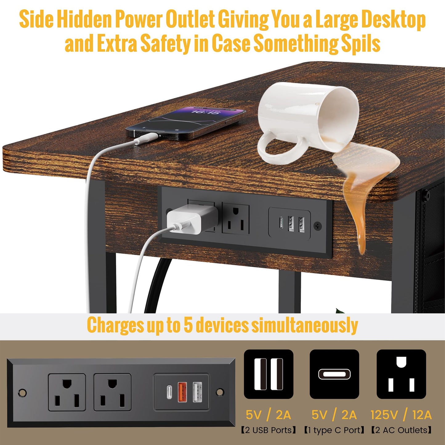 Yenlure Small Side Table with Charging Station, Narrow Nightstand Bedside Tables with Storage Pocket for Living Room Bedroom, Sofa End Table with USB Ports and Power Outlets for Small Spaces