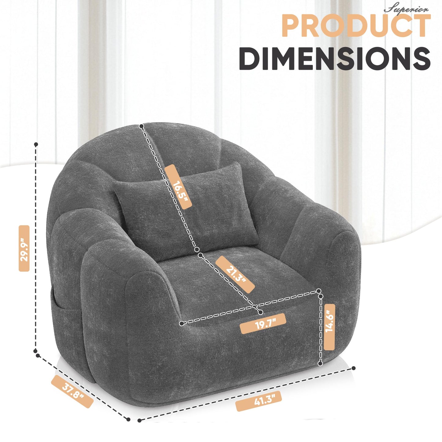 Homall Bean Bag Chair, Oversized Bean Bag Couch with Shredded Sponge Filler, Pumpkin Shaped Large Floor Sofa for Gaming, Reading, Relaxing in Living Room and Bedroom (Grey)