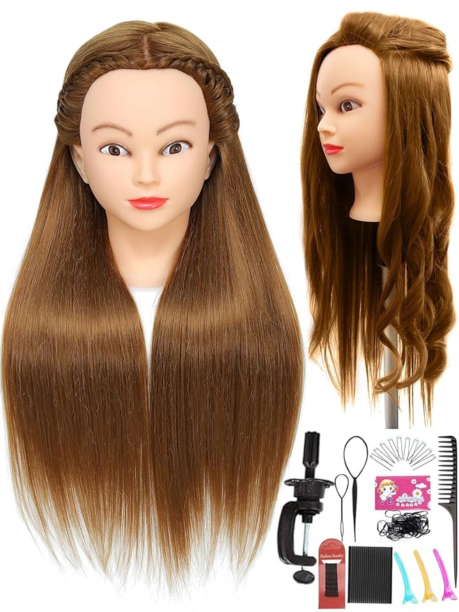 Mannequin Head Human Hair for Cosmetology, Manikin Head with 80% Real Hair for Styling Doll Head Braiding Practice Mannequin Heads Hairdresser Hairstylist Kids with Free Clamp Holder (Light Brown 27)