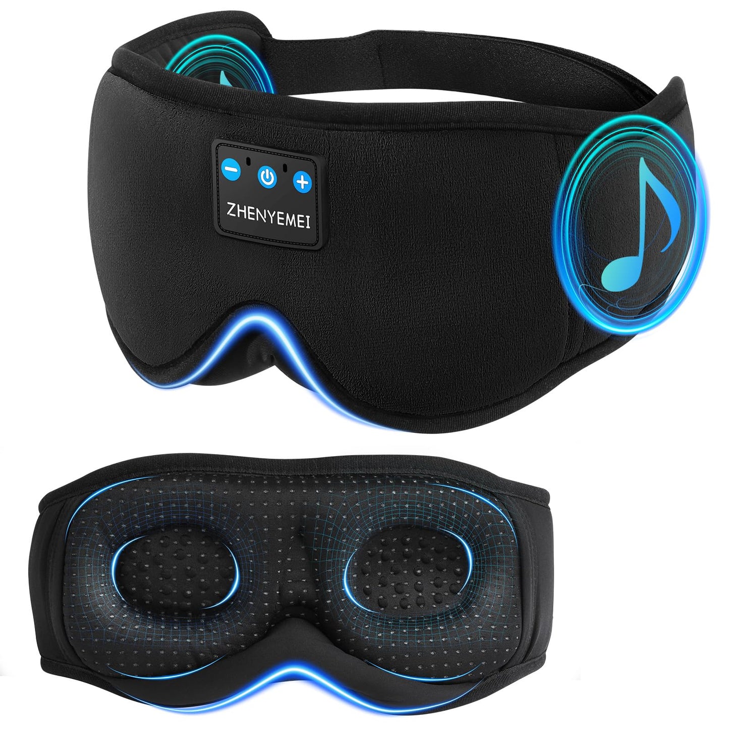 ZHENYEMEI 3D Sleep Mask with Bluetooth Headphones, Sleeping Headphones for Side Sleepers, Wireless Music Eye Mask with Ultra-Thin Stereo Speakers for Men, Women, Tech Gifts, Black