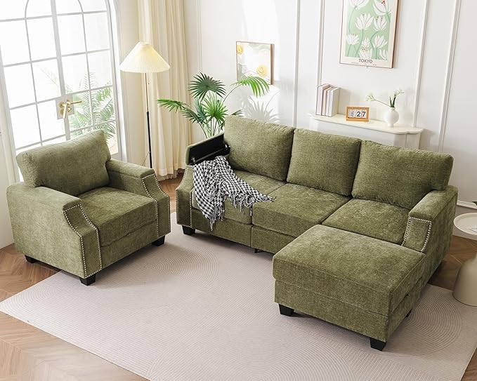 Rukefo 85" Sectional Sofa Couch with Storage Ottoman,L Shaped Couch with Armrest Organizer,3-Seater Sofa,Sofa and Chair Set,Couches for Living Room,Bedroom,Apartment,Chenille,Green