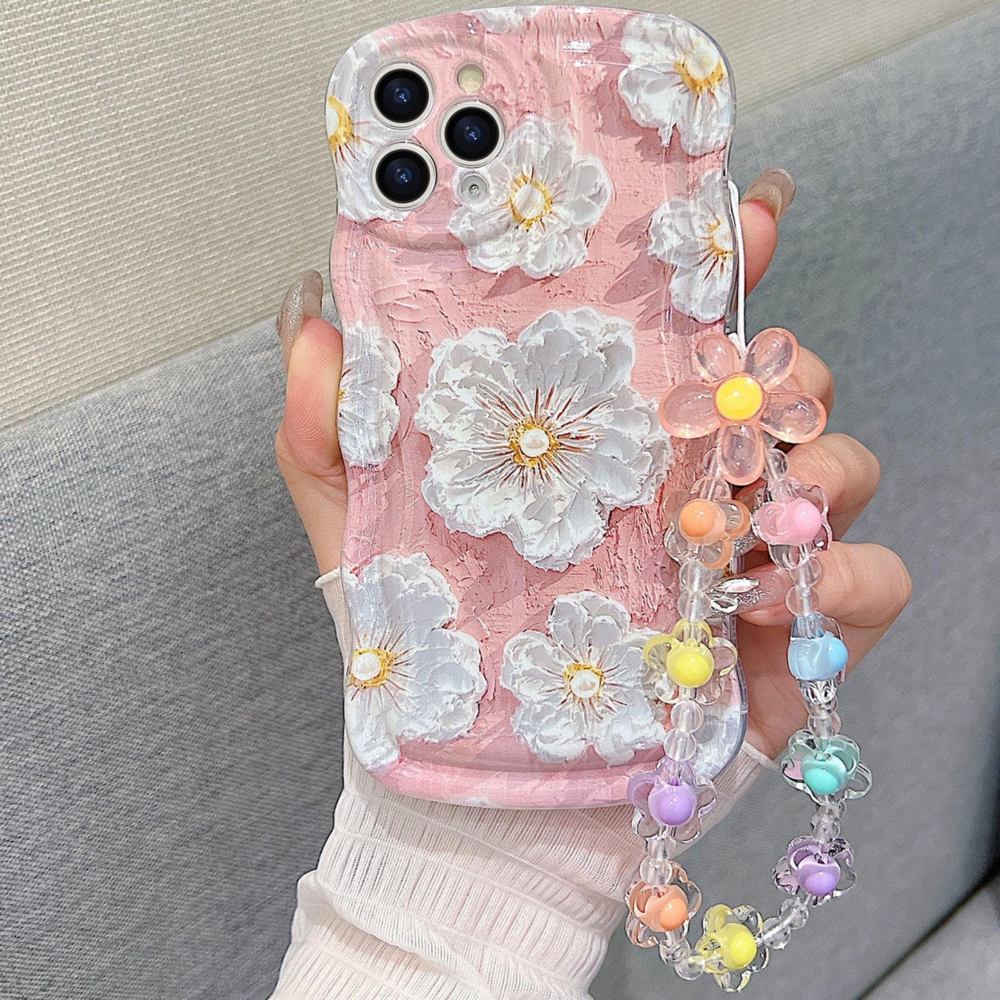 For Iphone 11 Pro Curly Wavy Case, Cute Colorful Retro Oil Painting Flower Glossy Pattern [With Bead Chain], Slim Fit Shockproof