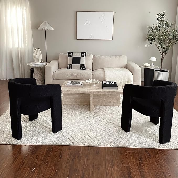 DAYALANE Modern Barrel Dining Chairs Set of 4, Upholstered Boucle Dining Room & Kitchen Chair with Curved Back, Comfy Accent Side Reading Armchair for Living Room Bedroom Kitchen Home Office, Black