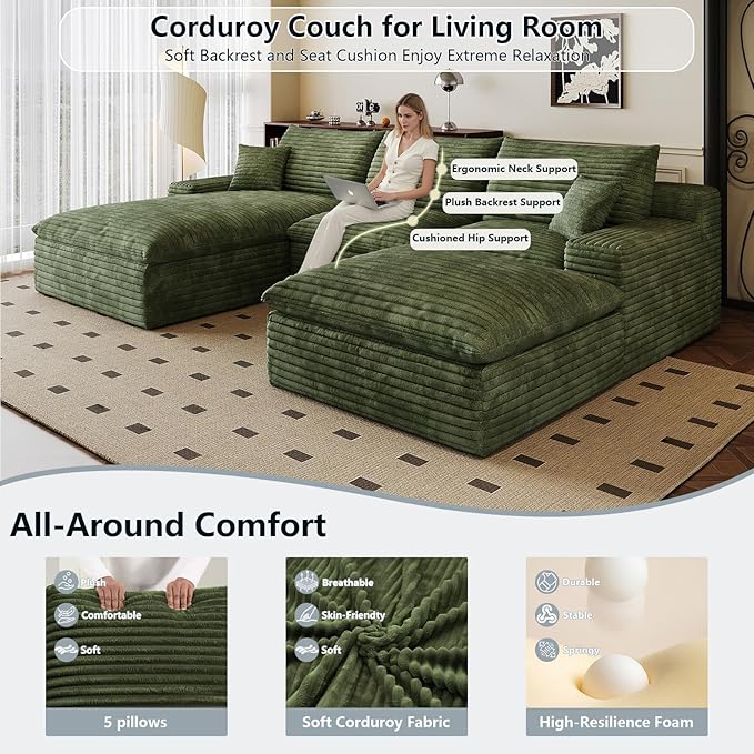107" Cloud Sectional Couch U-Shaped Chaise with Ottoman, Corduroy Boneless Couch for Living Room Bedroom, Deep-Seat Upholstered Modular Cloud Sofa, No Assembly Required (Green, Left Facing Chaise)