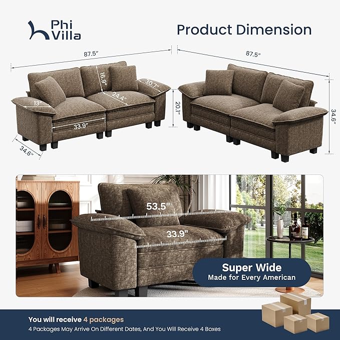 PHI VILLA Cloud Modular Couches Sets, 2 Pieces Sectional Loveseat Sofa Set, 4-Seater Comfy Couch for Living Room Apartment, Chenille Fabric, Taupe