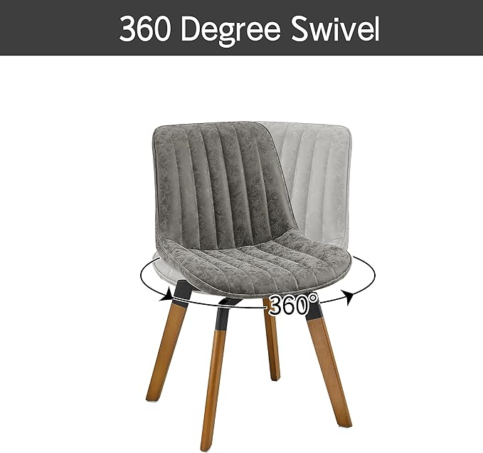 Art Leon Swivel Dining Chairs Set of 2, Mid Century Modern Kitchen Dining Room Chairs, Upholstered Faux Leather Armless Side Chair with Wood Legs for Living Room Bedroom, Gray