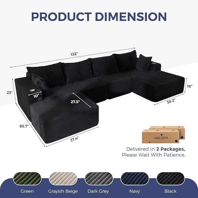 MAXYOYO 132" Giant U-Shaped Modular Sectional Couch, Modern Boneless Couch for Living Room, Sofa in A Box, Oversized Sofa Sleeper with Deep Seat, No Assembly Required, Black