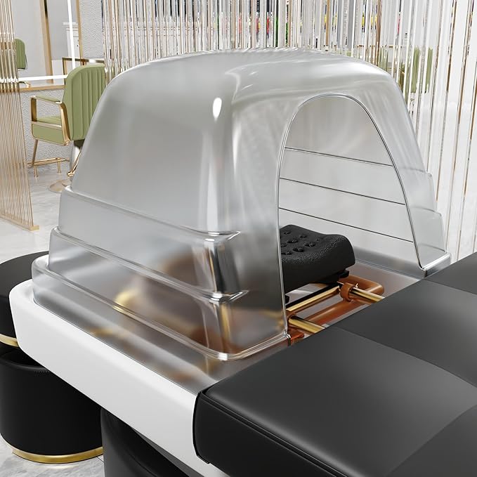 Head Spa Stationary Massage Table, Stainless Steel Gold Color-Plated Frame, Black PU Leather with Water Cycle & Fumigation Salon Equipment for Beauty Head Spa Physical Therapy Massage