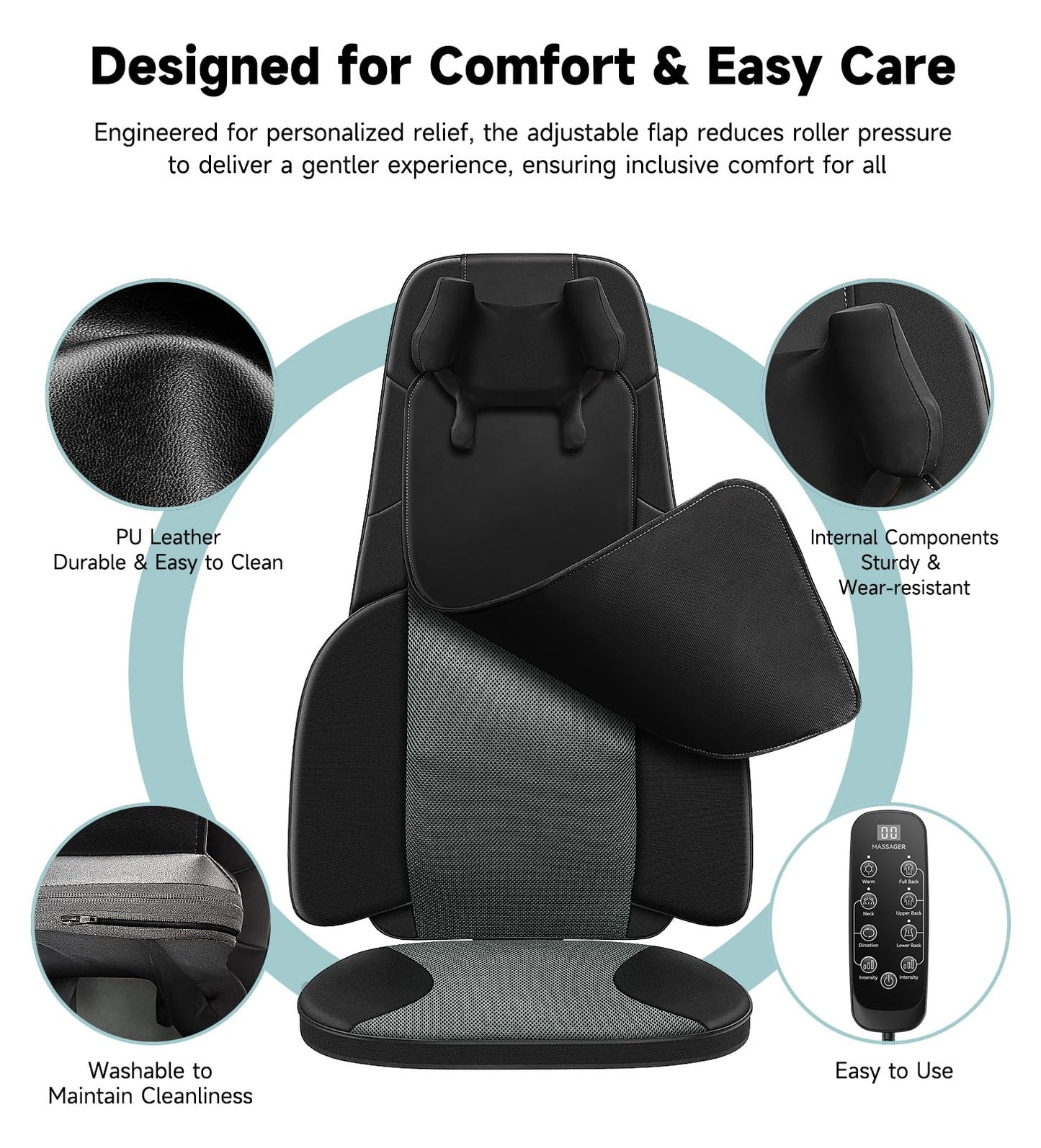 Shiatsu Neck and Back Massager for Chair with Heat, 2 Interchangeable Attachments Full Back Massage Pad Deep Tissue, Adjustable Height 3-Level Intensity for Office Home, Masajeador de Espalda, Black