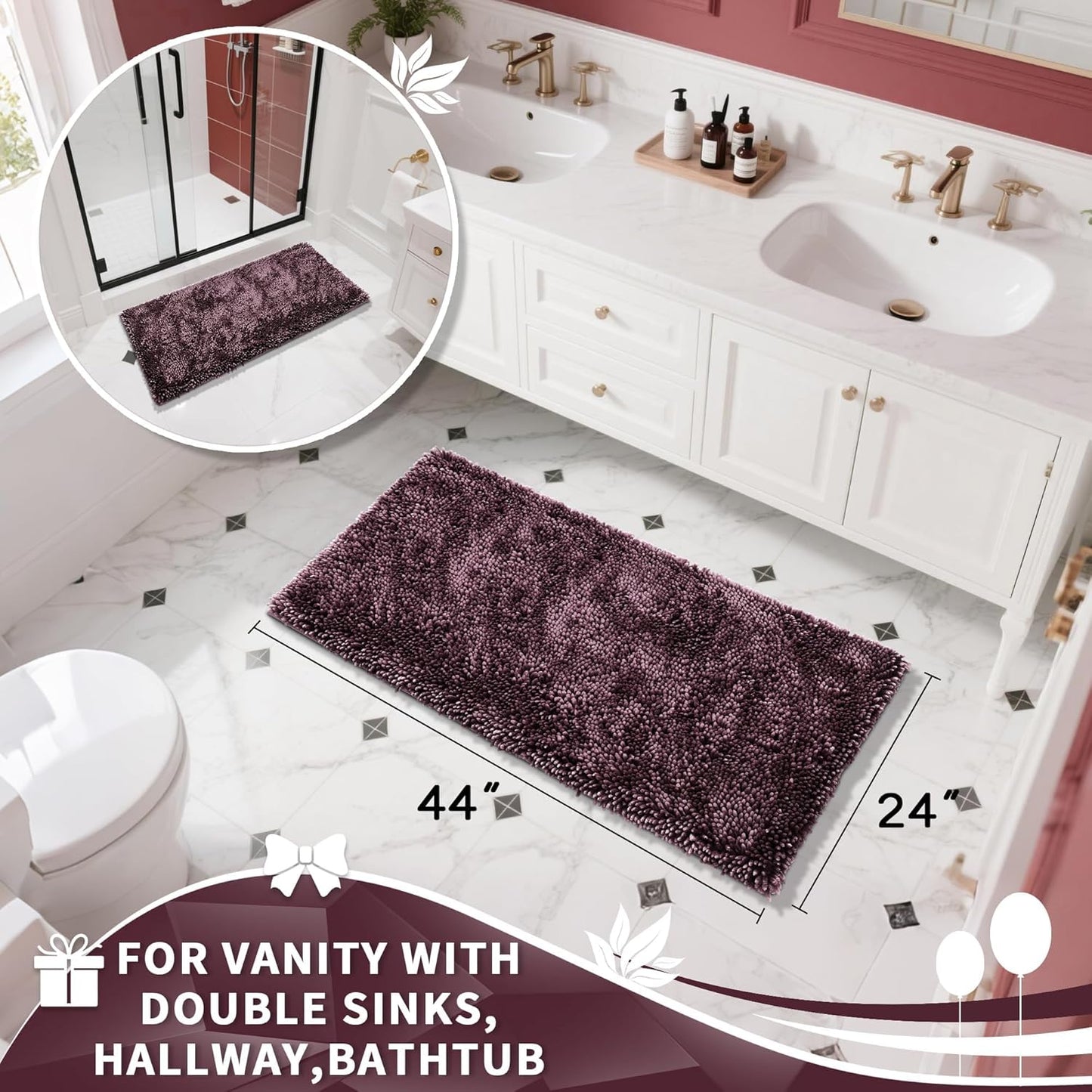 Yimobra Long Bathroom Rug Non Slip 44x24 Inch, Extra Thick Soft Absorbent Chenille Bath Mat, Machine Washable Bath Rugs for Bathroom Floor, Tub and Shower, Home Decor Accessories, Purple Grey