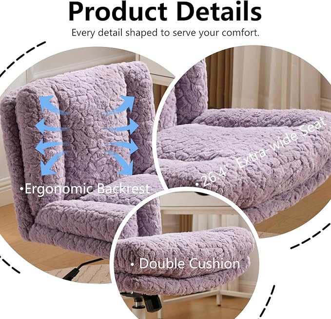 Cross Legged Office Chair with Wheels, Comfy Armless Office Chair with Extra-Deep Seat & 2-Layer Cushions, Adjustable Height, Tilt-Back Swivel Faux Fur Vanity Chair for Home Office, Violet