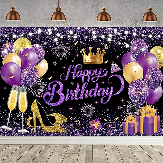 YinQin 180x120 cm Glitter Black Purple Golden Happy Birthday Party Photo Backgrounds Backdrops Cloth 71x47 inch Purple Gol...