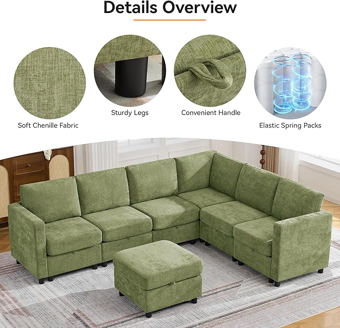 104'' V Shaped Modular Sofa, Sectional Couch with Storage for Living Room, Modern 7 Seater Cloud Sectional Couch with Movable Ottoman, Chenille Green