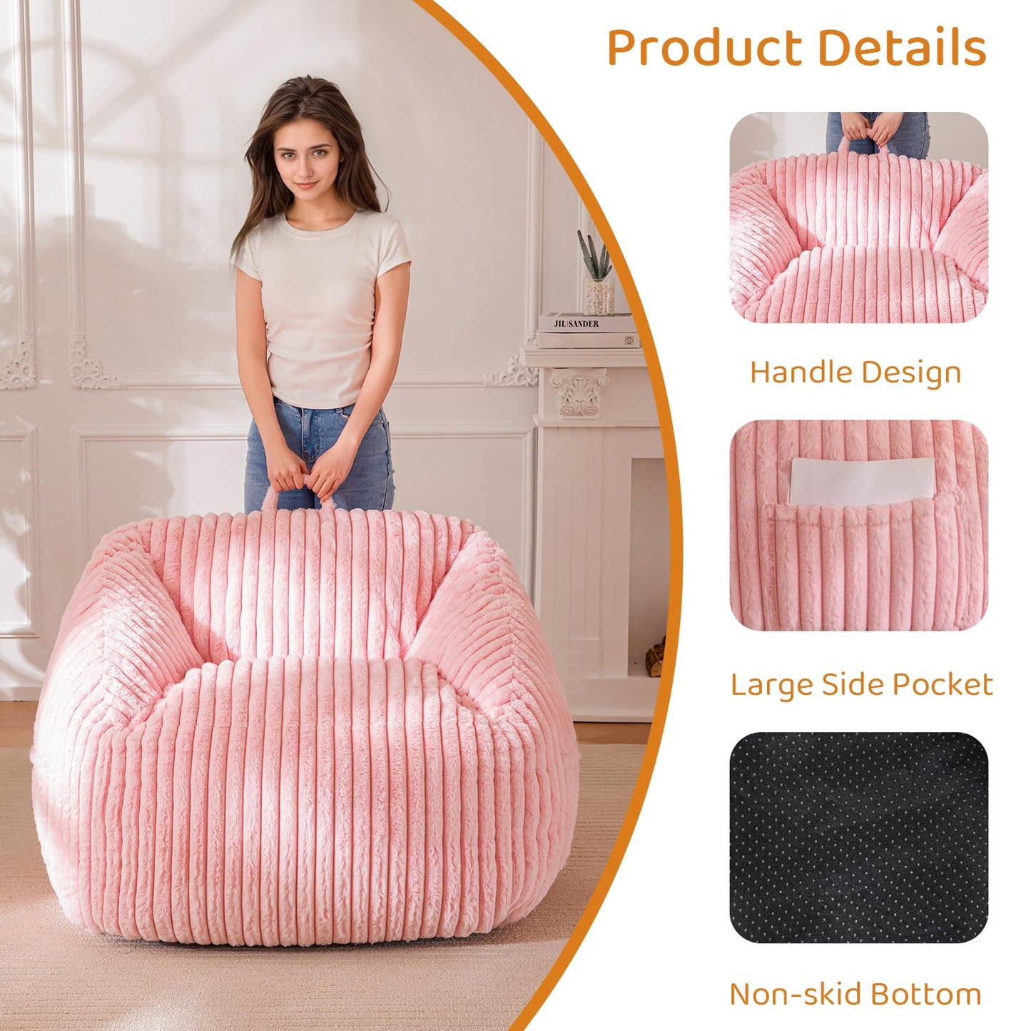 BYBYME Giant Bean Bag Chair for Adults and Kids, Large Comfy Cozy Beanbag, Floor Sofa for Teens, Living Room, Gaming, Reading, Pink