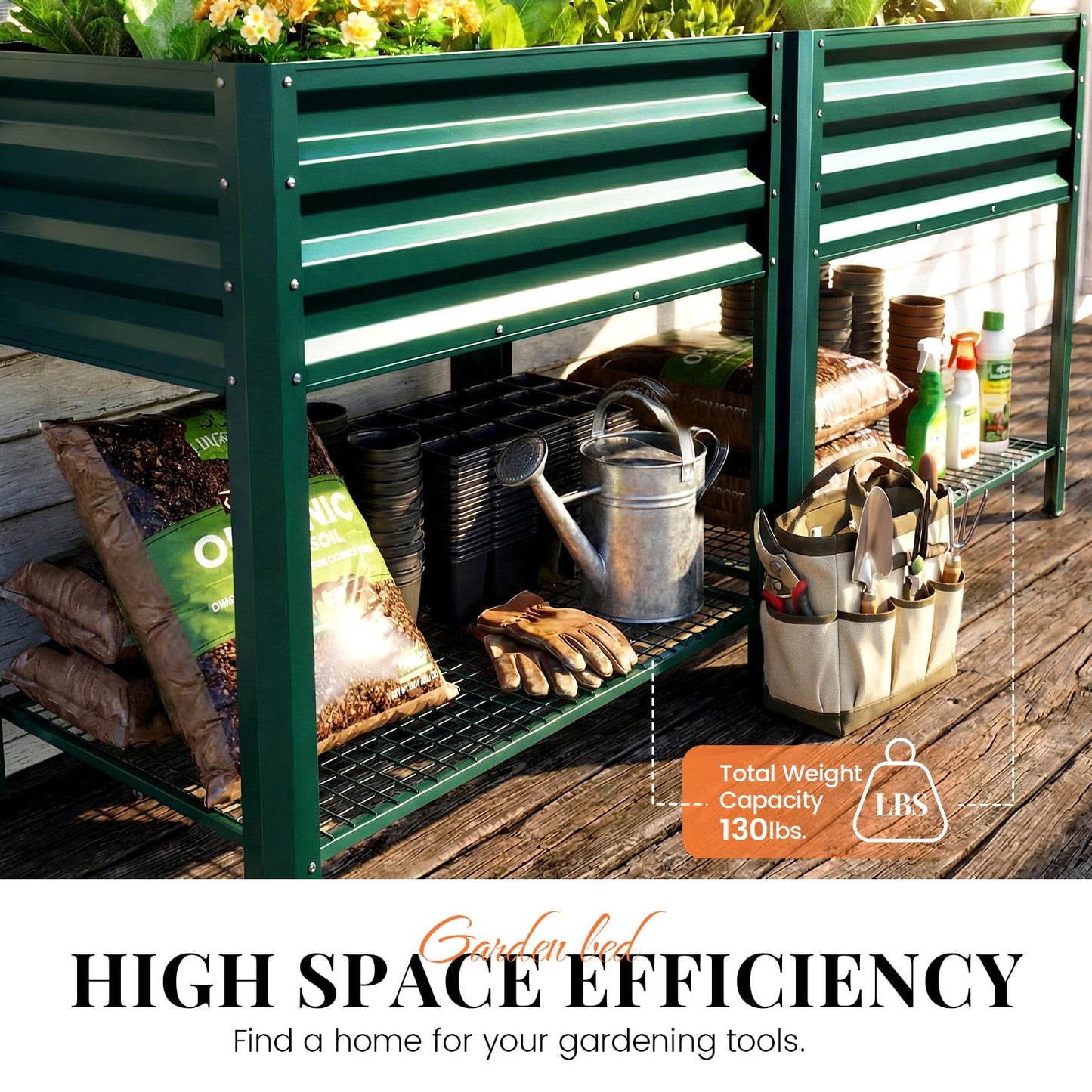 KING BIRD Large Raised Garden Bed with Legs & Storage Shelf Galvanized Elevated Planter Box for Backyard, Patio, Balcony, 600lb Capacity, Green 70.9x22.8x31.5 in