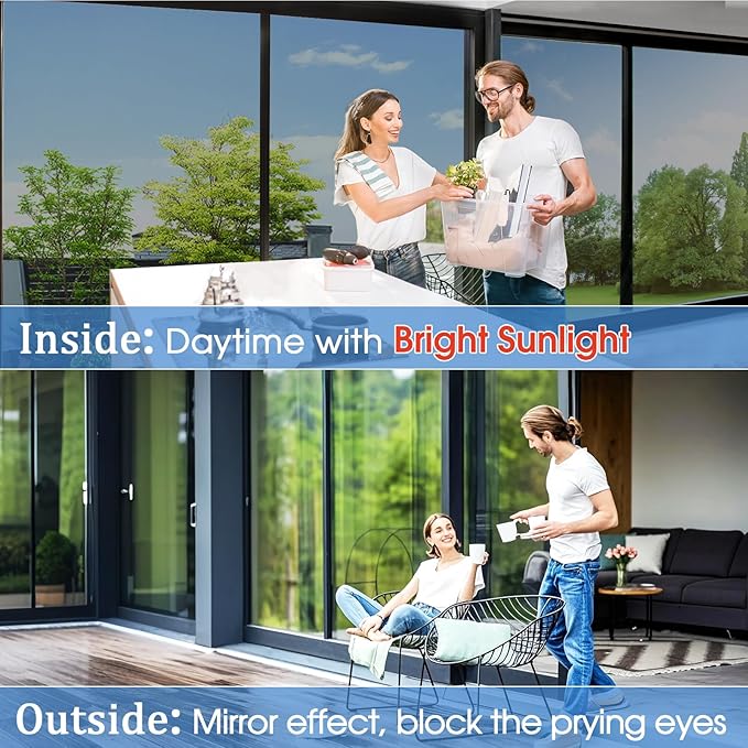 Coavas One Way Privacy Window Film,Daytime Window Tint for Home, Reflective Mirror Glass Window Film See Out Not in,Heat UV Blocking Anti-Glare Window Covers with 3 Tools, 17.5x157.5 Inch, Silver