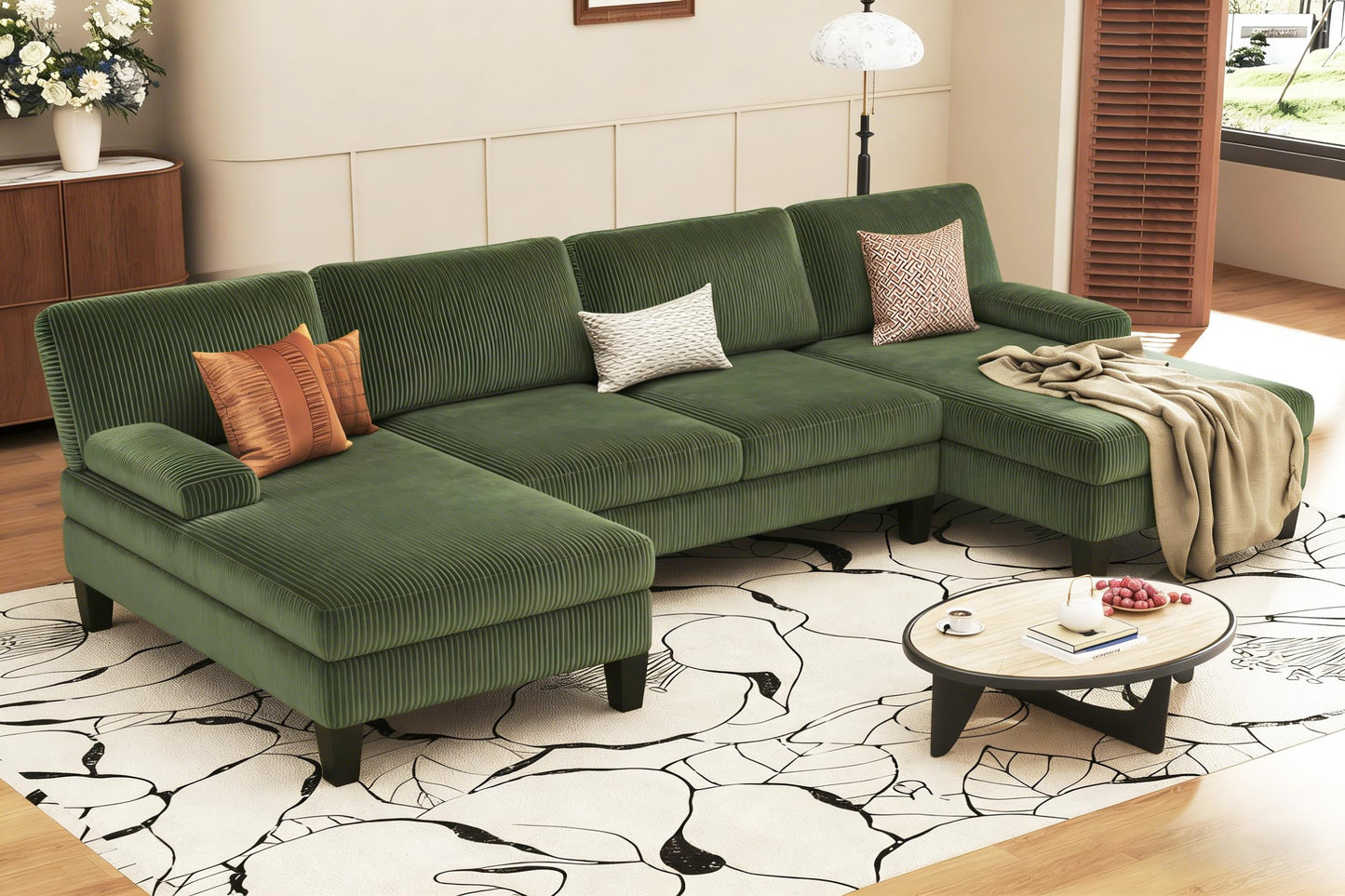 WAYTRIM Sectional Couches for Living Room 108" U-Shaped Modular Sofa Convertible Couch with Double Chaise,Removable Pillows Upholstered 4-Seat Couch for Apartment (Green)