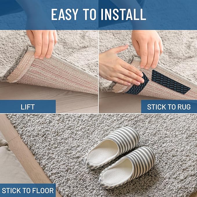 Everlasting Comfort Area Rug Gripper for Hardwood Floors - No Damage Non Slip Rug Pads, Floor to Carpet Tape for Holding Rugs in Place, Washable and Reusable, Double Sided Anti Slip Tape - 16 Pack