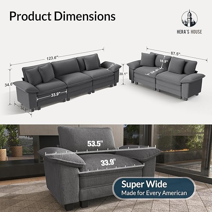 HERA'S HOUSE 2 Pieces Modular Sectional Sofa Sets, Oversized Couch Set with Loveseats, Comfy Cloud Couches with Throw Pillows, 5-Seater Deep Seat Sofa for Living Room, Corduroy Grey