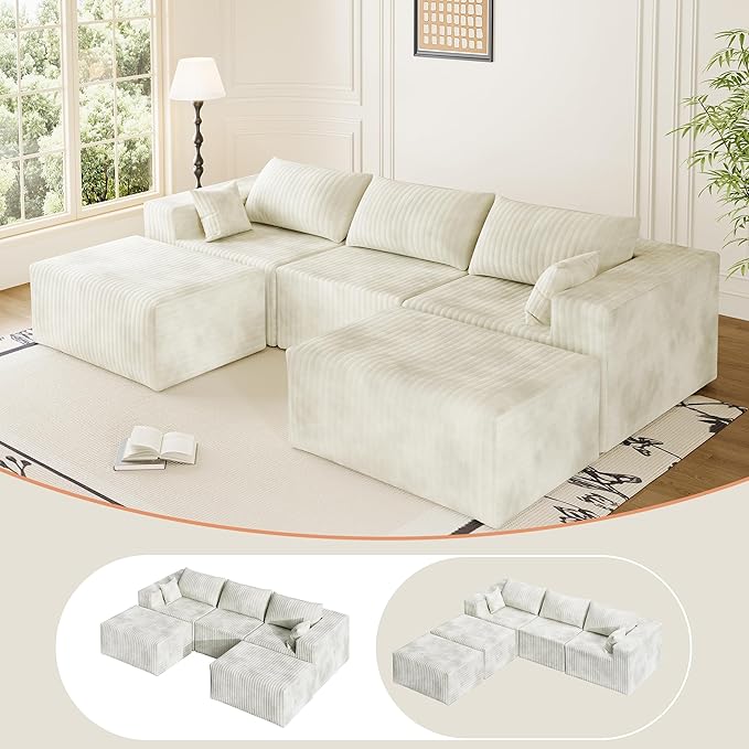 CABZOON 110" Cloud Couch Sectional for Living Room U-Shape Boneless Couches Modular Sectional Sofa with Deep Seat with Chaise,No Assembly Required, Carbon White(Plush Corduroy Fabric)