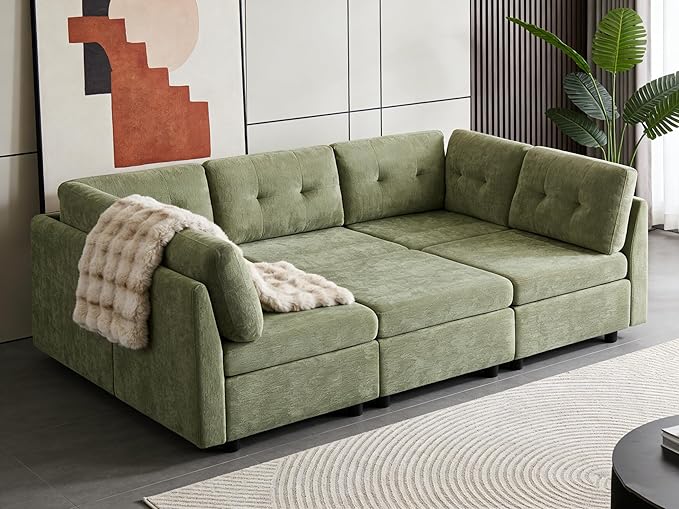 VANOMi 5 Seater Cloud Couches for Living Room with Ottoman, Convertible Modular Sectional Sofa Bed, Chenille Cloud Sofas & Couches for Apartment, Office, Green, Sofa Bed