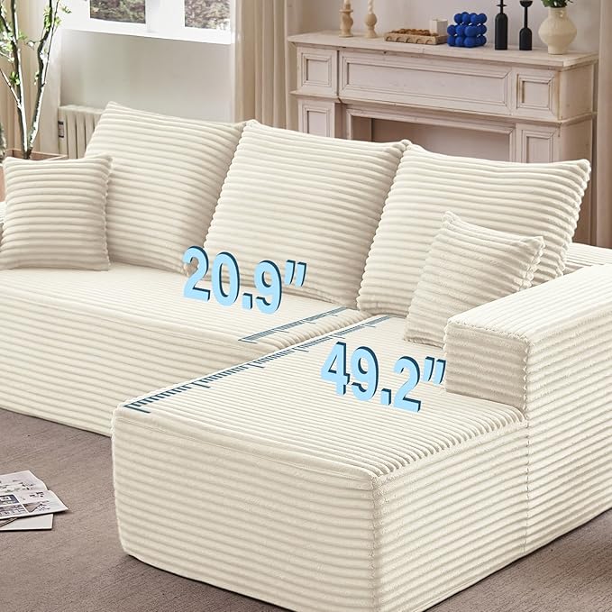 107" W Cloud Sectional Couch with L-Shape Chaise, Modern Corduroy Boneless Couch for Living Room,Memory Foam Sofa with Deep Seat,No Assembly Required (White,Right-Facing Chaise)