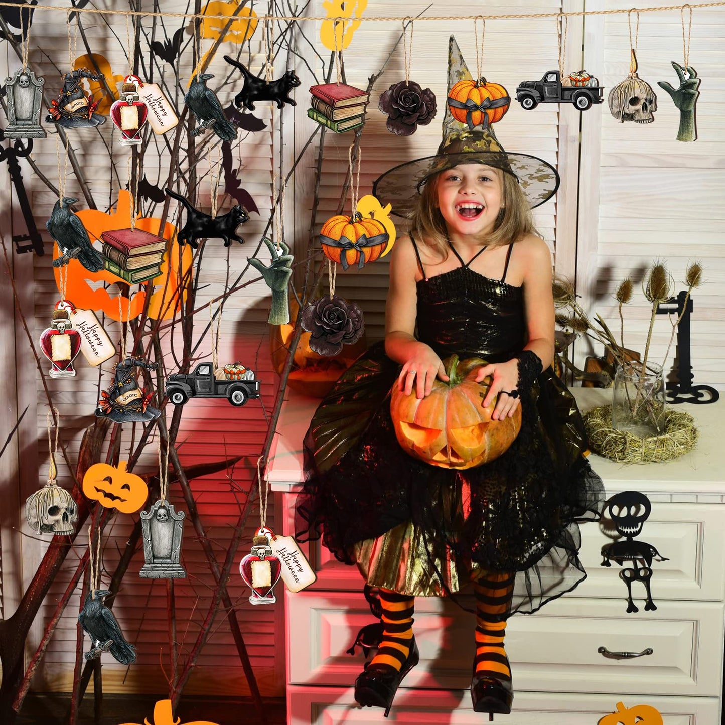 Maitys 36 Pcs Halloween Wood Ornaments for Tree Gothic Halloween Decorations Skull Black Cat Pumpkin Hanging Signs Witch Hats Finger Crow Wood Cutouts with Ropes for Home Small Tree Party Indoor Decor