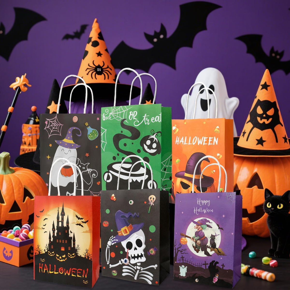 12 PCS Halloween Bags with Handles, 6 Styles Halloween Paper Bags for Gift Candy Goodie Snacks Treat Cookie Wrap Party Favors Supplies Decorations Trick or Treat Horror theme Birthday Baggies Pouch