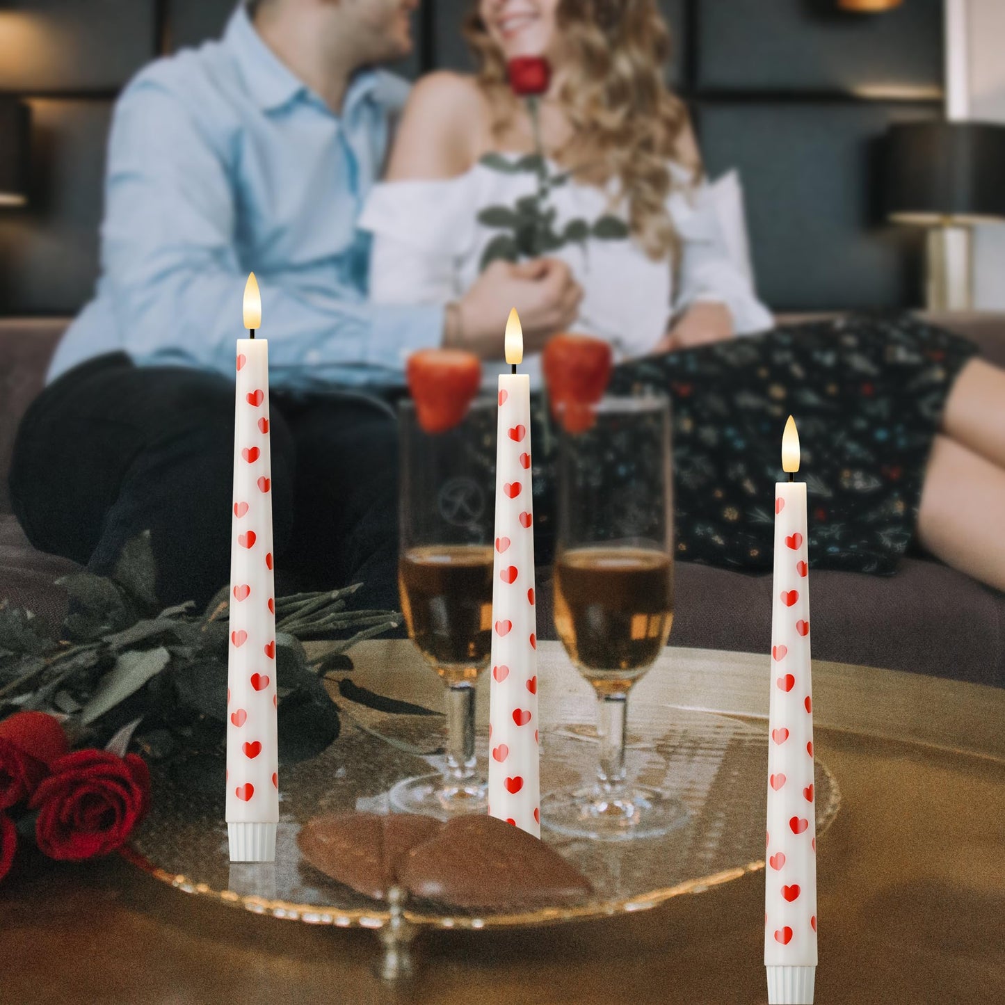 AFINETH Valentine Day Flameless Taper Candles with Heart, 9.6" Real Wax LED Candles with Remote, 3 Pack Flickering Battery Operated Candlesticks for Proposal Wedding Anniversary Romantic Night