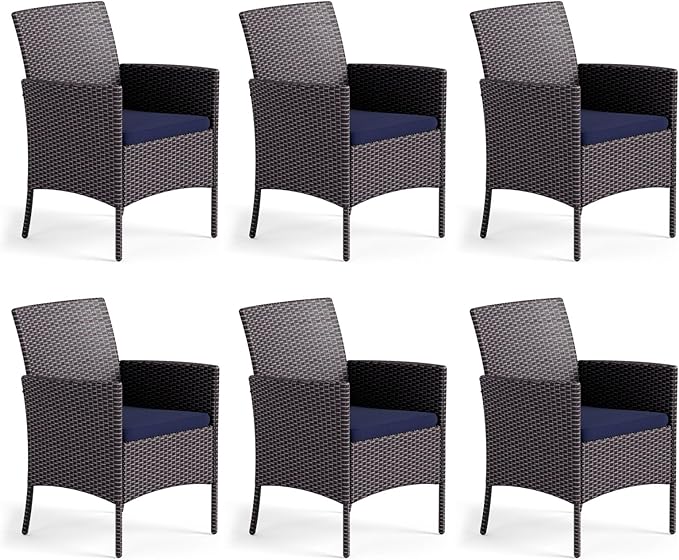 MFSTUDIO Patio Wicker Chair Sets of 6, Outdoor Patio Rattan Sofa Dining Chairs Set of 6 with Navy Removable Cushions, Armrests and Metal Frame, 330lbs, Backyard, Porch