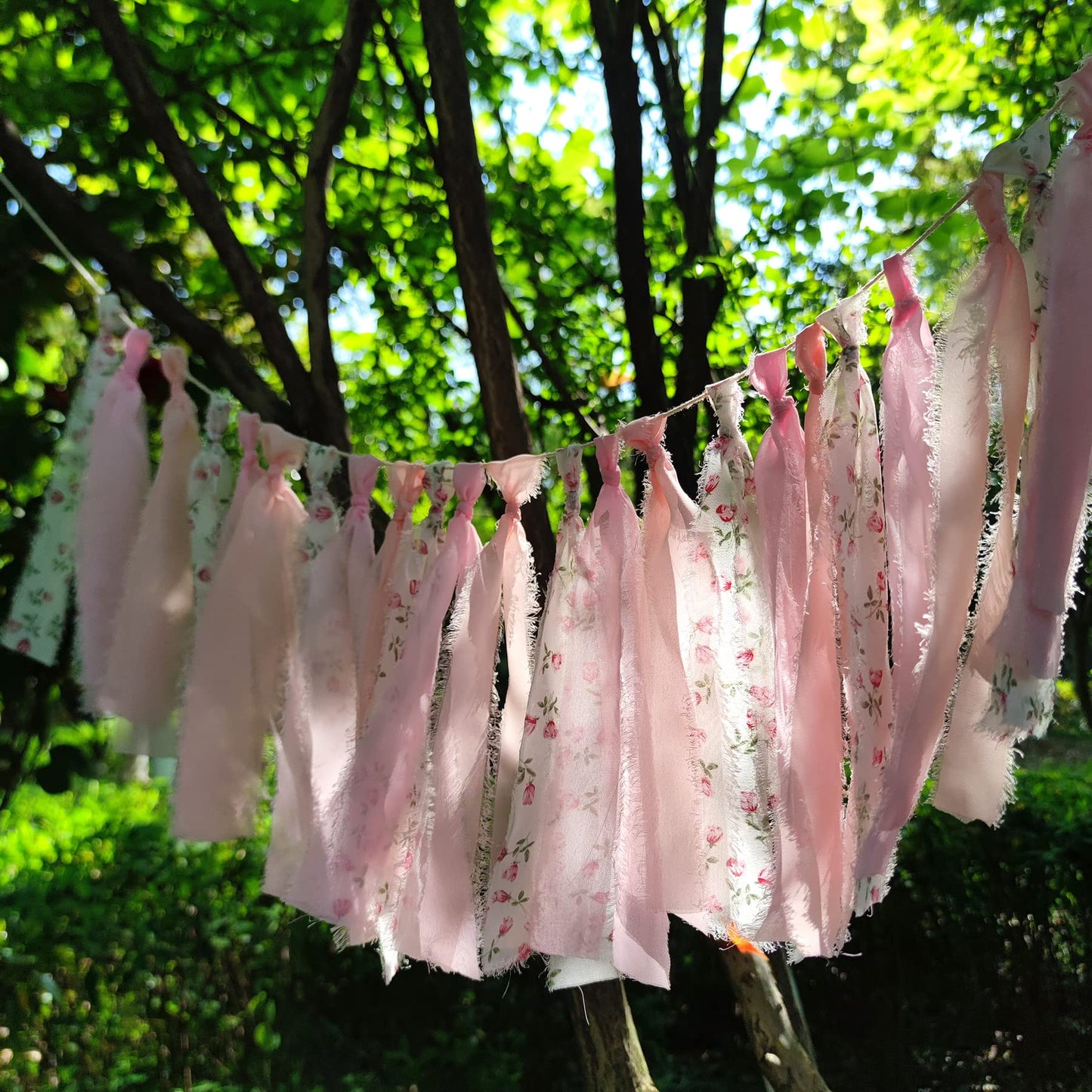 Mybbshower Pink Floral Tsaasel Garland for Wedding Spring Tea Party Haning Chiffon Tassel Banner Table Decor