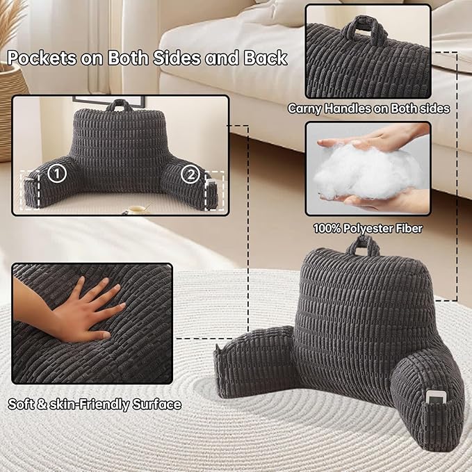 PAJEO Reading Pillow for Sitting in Bed, Large Backrest Reading Pillow with Arm Rest,Back-Rest Support Cushion for Sit Up on Couch, Sofa, and Floor, Dorm Essentials (Grey Corduroy, Large(19"))