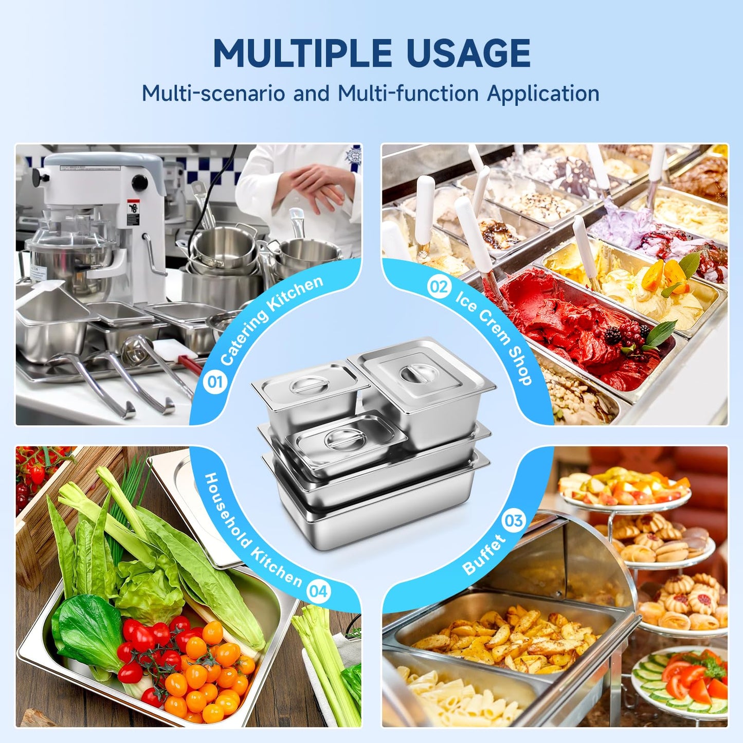 Hotel Pan with Lids 6 Pack 1/2 Size 2.5" Deep Stainless Steel Steam Table Pan, Commercial Food Pans for Catering Buffet Chafing Dish Pans Metal Steam Tray (1/2 Half Size x 2.5 Inch Deep, 6 Pack)