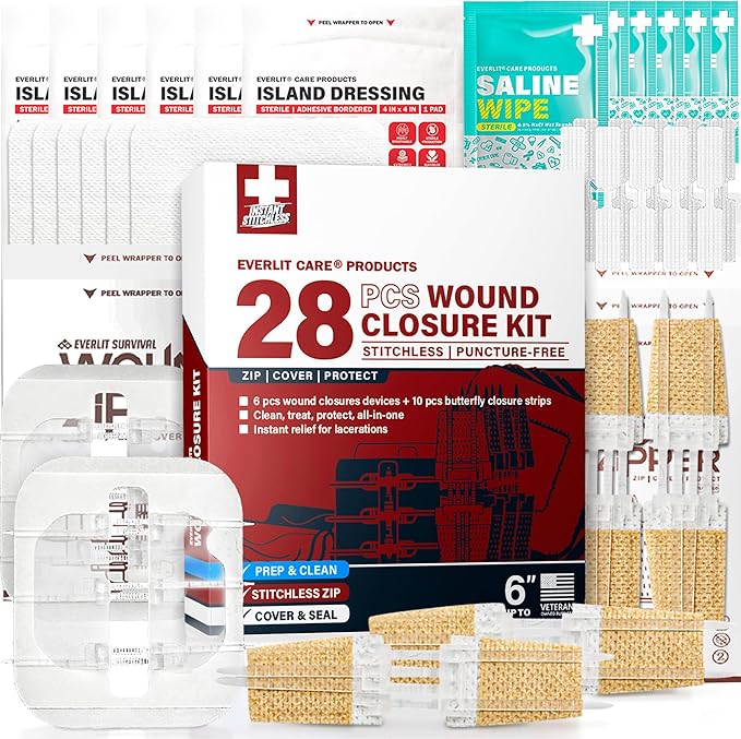 EVERLIT CARE Wound Closure Kit | 28 Pcs All-in-One First Aid with Suture-Free, Stitchless Zip Devices, Butterfly Bandages,...